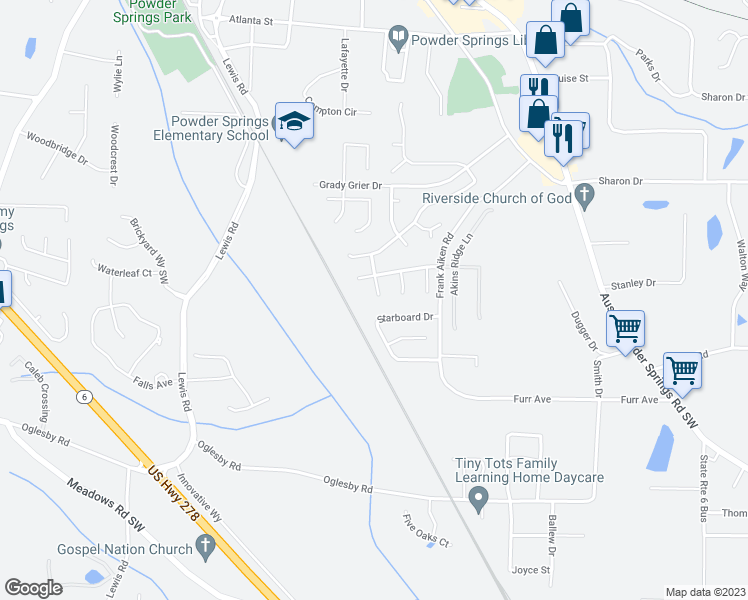 map of restaurants, bars, coffee shops, grocery stores, and more near 4016 Morning Star Avenue in Powder Springs