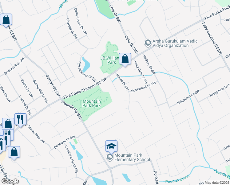 map of restaurants, bars, coffee shops, grocery stores, and more near 1277 Sycamore Drive Southwest in Lilburn