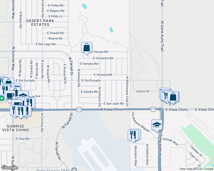 map of restaurants, bars, coffee shops, grocery stores, and more near 2050 North San Gorgonio Road in Palm Springs