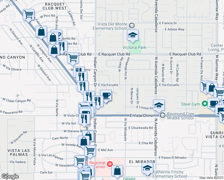 map of restaurants, bars, coffee shops, grocery stores, and more near 1995 North Vía Miraleste in Palm Springs