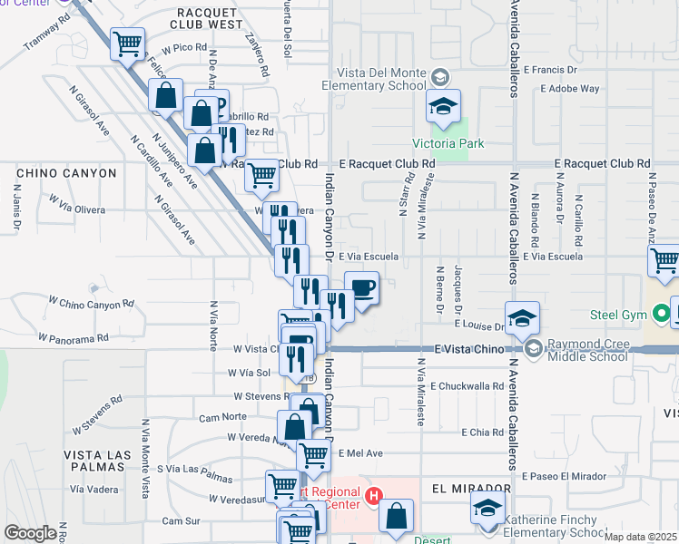 map of restaurants, bars, coffee shops, grocery stores, and more near 2001 North Indian Canyon Drive in Palm Springs