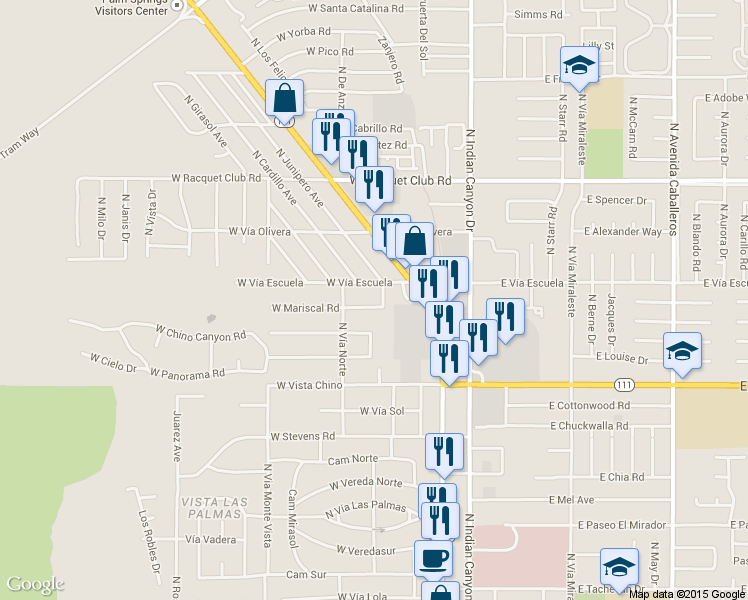 map of restaurants, bars, coffee shops, grocery stores, and more near 369 West Mariscal Road in Palm Springs