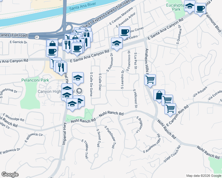 map of restaurants, bars, coffee shops, grocery stores, and more near 253 South Solomon Drive in Anaheim
