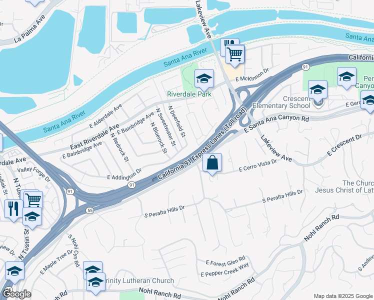 map of restaurants, bars, coffee shops, grocery stores, and more near 4442 East Addington Drive in Anaheim