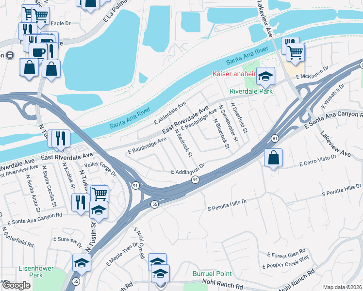 map of restaurants, bars, coffee shops, grocery stores, and more near 217 North Redrock Street in Anaheim