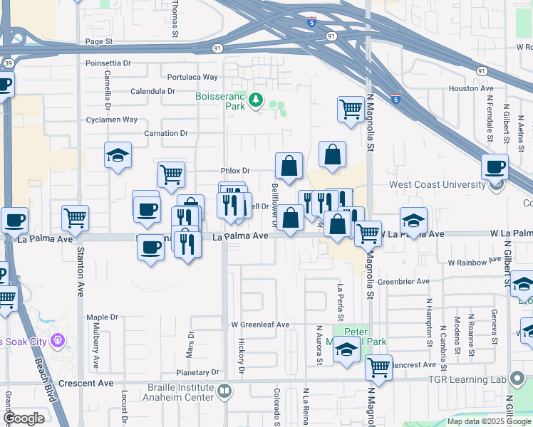 map of restaurants, bars, coffee shops, grocery stores, and more near 7948 Begonia Circle in Buena Park