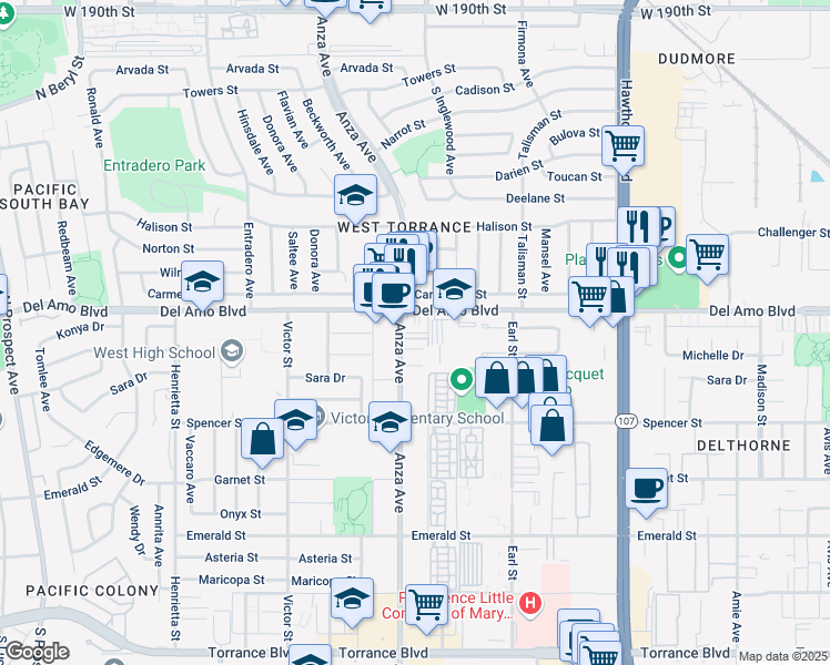 map of restaurants, bars, coffee shops, grocery stores, and more near 20310 Anza Avenue in Torrance