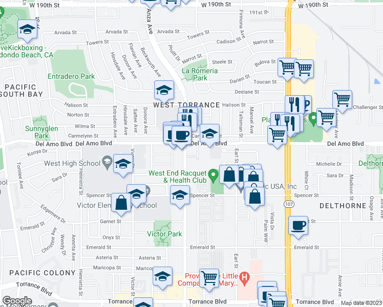 map of restaurants, bars, coffee shops, grocery stores, and more near 20336 Anza Avenue in Torrance