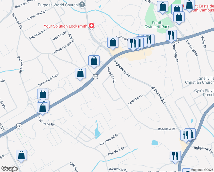 map of restaurants, bars, coffee shops, grocery stores, and more near 2238 Clairmont Circle Southwest in Snellville