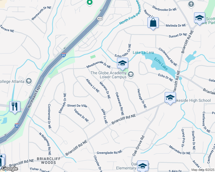 map of restaurants, bars, coffee shops, grocery stores, and more near 2179 Marann Drive Northeast in Atlanta