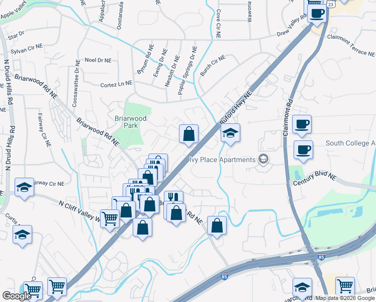 map of restaurants, bars, coffee shops, grocery stores, and more near 3500 Buford Highway Northeast in Atlanta