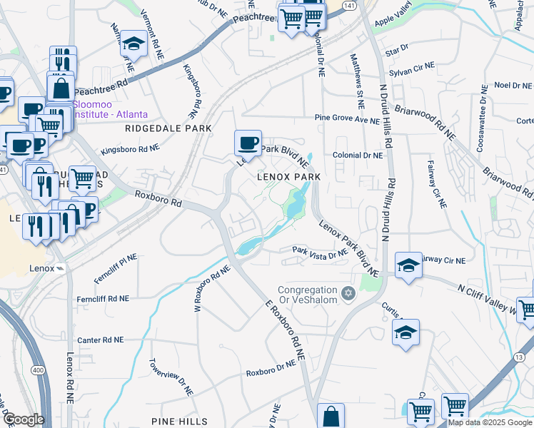 map of restaurants, bars, coffee shops, grocery stores, and more near 5124 Lenox Park Circle Northeast in Atlanta