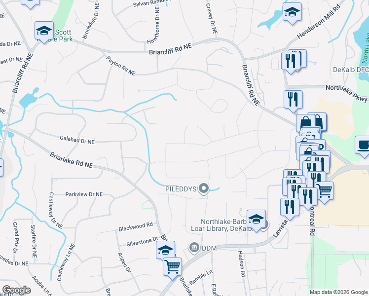 map of restaurants, bars, coffee shops, grocery stores, and more near 2938 Greenbrook Way Northeast in Atlanta