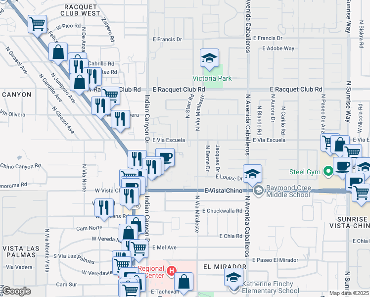 map of restaurants, bars, coffee shops, grocery stores, and more near 483 East Via Escuela in Palm Springs