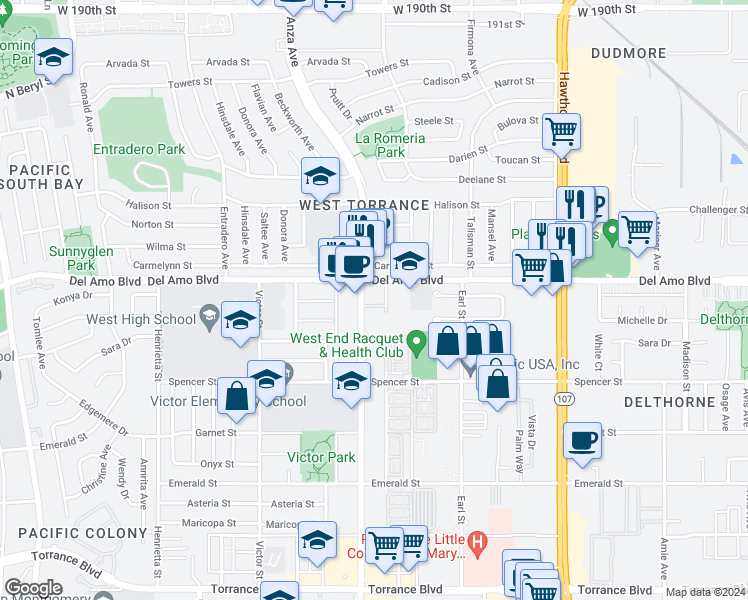 map of restaurants, bars, coffee shops, grocery stores, and more near 20310 Anza Avenue in Torrance