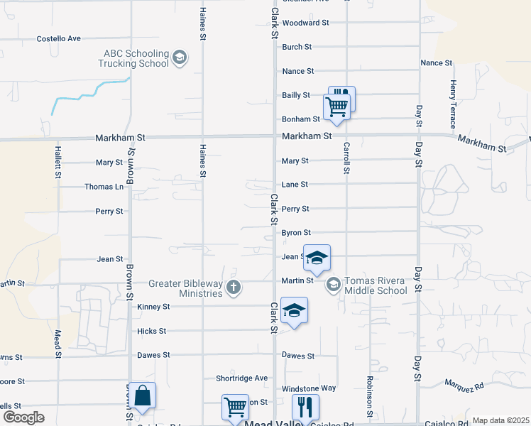 map of restaurants, bars, coffee shops, grocery stores, and more near 18759 Clark Street in Perris