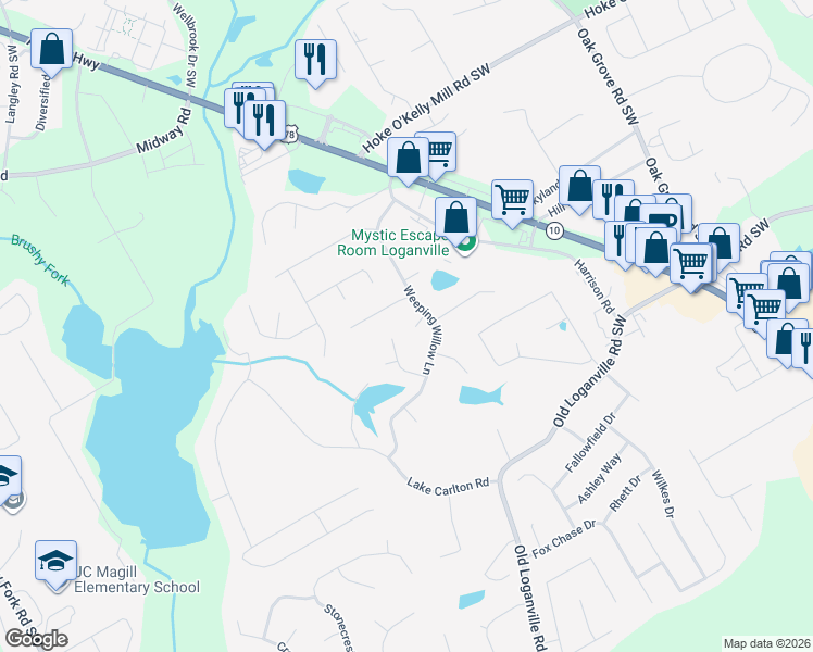 map of restaurants, bars, coffee shops, grocery stores, and more near 529 Bradford Park Lane in Loganville