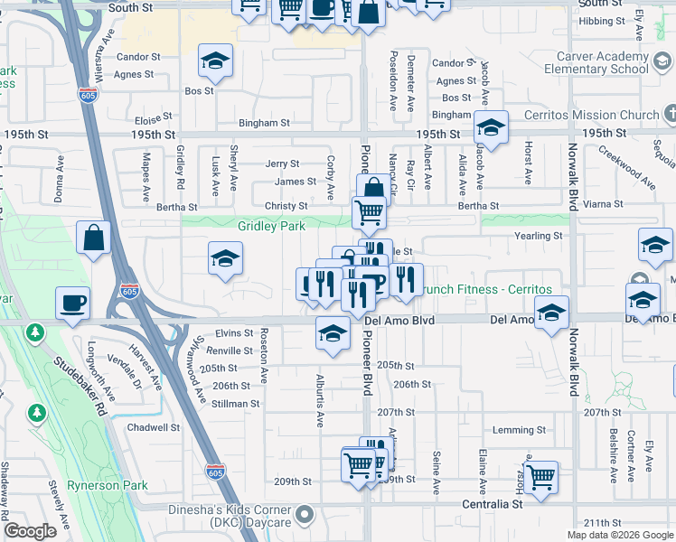 map of restaurants, bars, coffee shops, grocery stores, and more near 20120 Village Green Drive in Lakewood