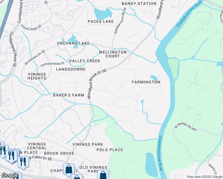 map of restaurants, bars, coffee shops, grocery stores, and more near 2880 Bakers Farm Road Southeast in Atlanta