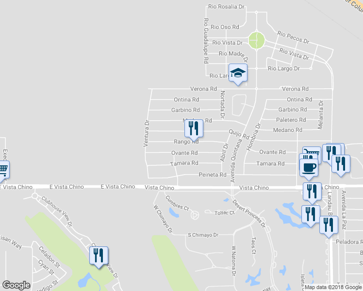 map of restaurants, bars, coffee shops, grocery stores, and more near 67265 Rango Road in Cathedral City