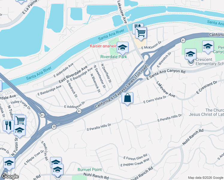 map of restaurants, bars, coffee shops, grocery stores, and more near 4442 East Addington Drive in Anaheim