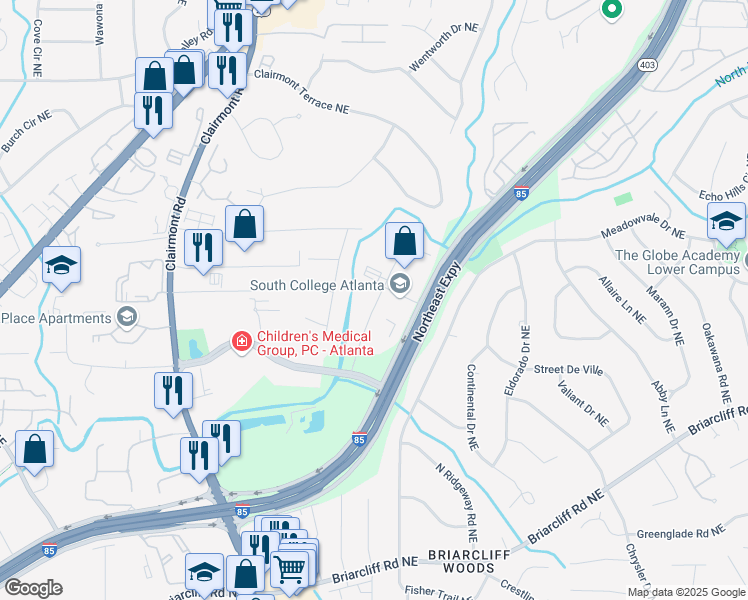 map of restaurants, bars, coffee shops, grocery stores, and more near 2500 Century Parkway Northeast in Atlanta
