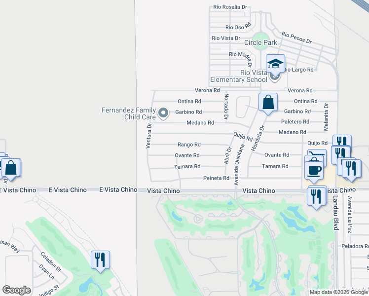 map of restaurants, bars, coffee shops, grocery stores, and more near 67265 Rango Road in Cathedral City
