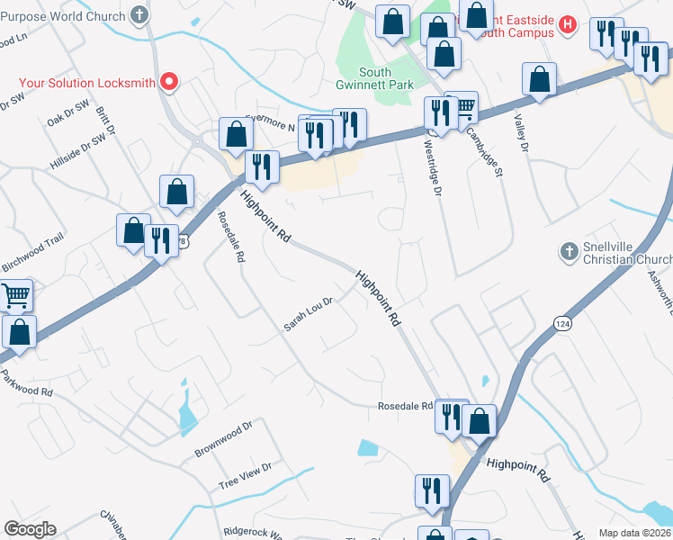 map of restaurants, bars, coffee shops, grocery stores, and more near 2295 Highpoint Road in Snellville