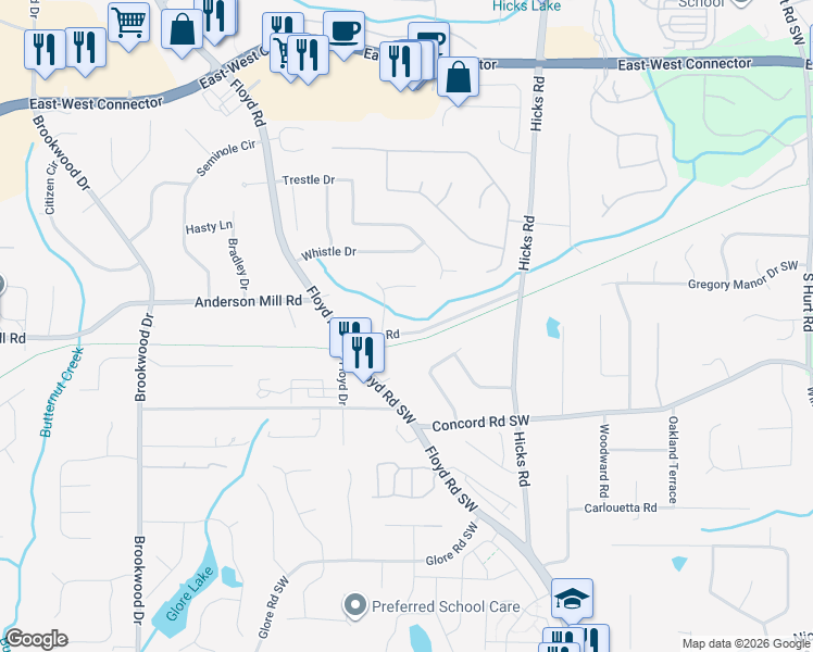 map of restaurants, bars, coffee shops, grocery stores, and more near 976 Bates Road in Austell