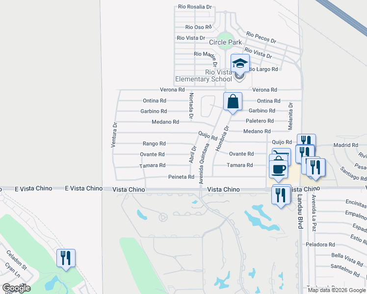 map of restaurants, bars, coffee shops, grocery stores, and more near 27651 Abril Drive in Cathedral City