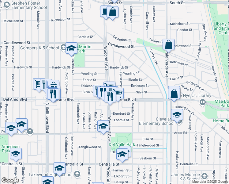 map of restaurants, bars, coffee shops, grocery stores, and more near 5951 Del Amo Boulevard in Lakewood