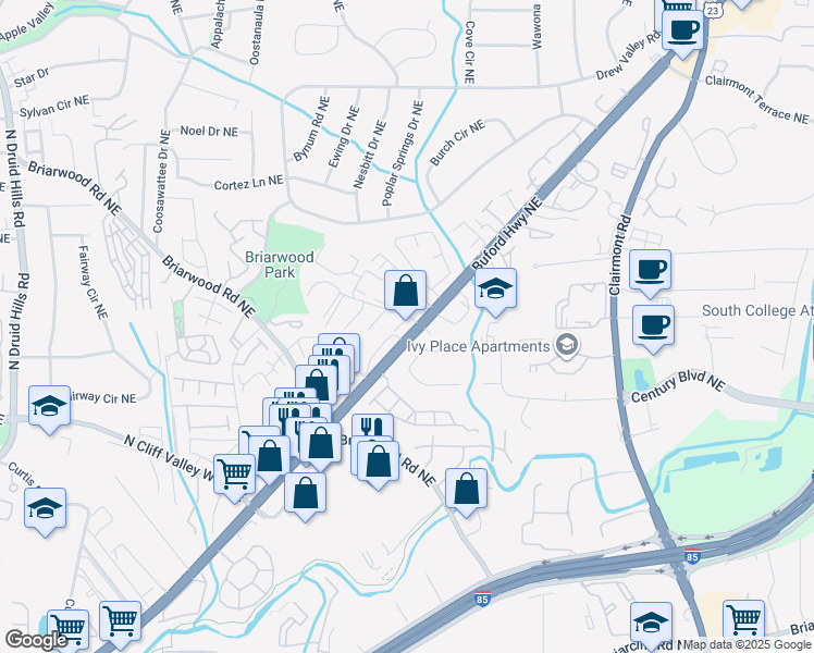 map of restaurants, bars, coffee shops, grocery stores, and more near 3500 Buford Highway Northeast in Atlanta