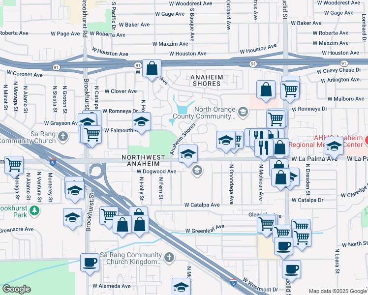 map of restaurants, bars, coffee shops, grocery stores, and more near 1861 West Falmouth Avenue in Anaheim