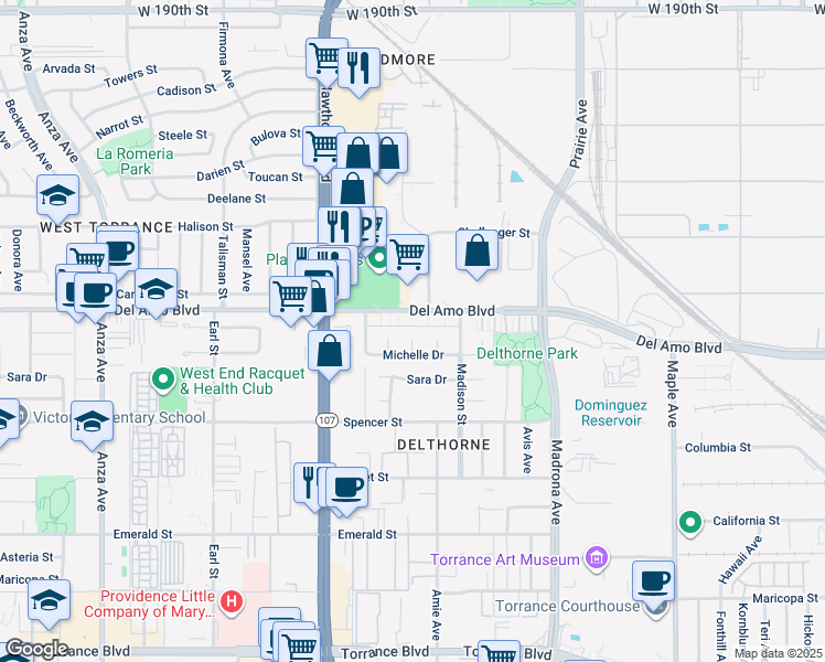 map of restaurants, bars, coffee shops, grocery stores, and more near 20318 Regina Avenue in Torrance