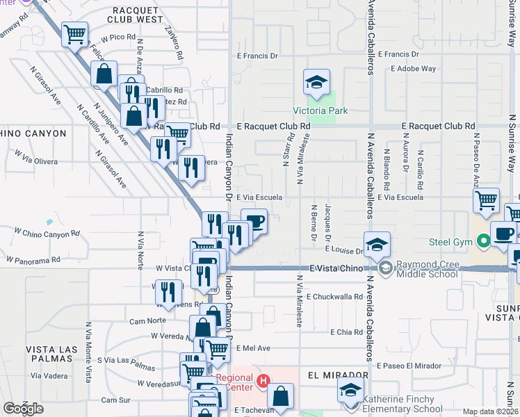 map of restaurants, bars, coffee shops, grocery stores, and more near 175 The Riv in Palm Springs