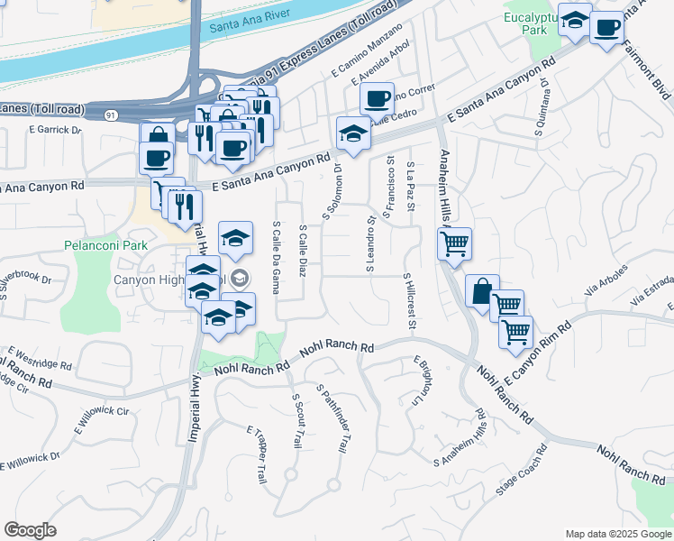 map of restaurants, bars, coffee shops, grocery stores, and more near 253 South Solomon Drive in Anaheim