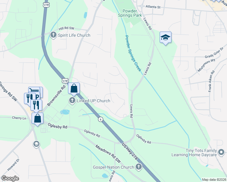 map of restaurants, bars, coffee shops, grocery stores, and more near 4662 Falls Avenue in Powder Springs
