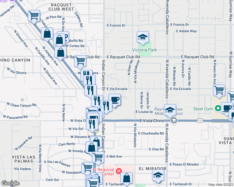 map of restaurants, bars, coffee shops, grocery stores, and more near 175 The Riv in Palm Springs