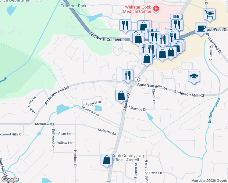 map of restaurants, bars, coffee shops, grocery stores, and more near 4342 Kousa Road in Austell