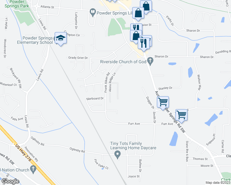 map of restaurants, bars, coffee shops, grocery stores, and more near 4362 Akins Ridge Lane in Powder Springs