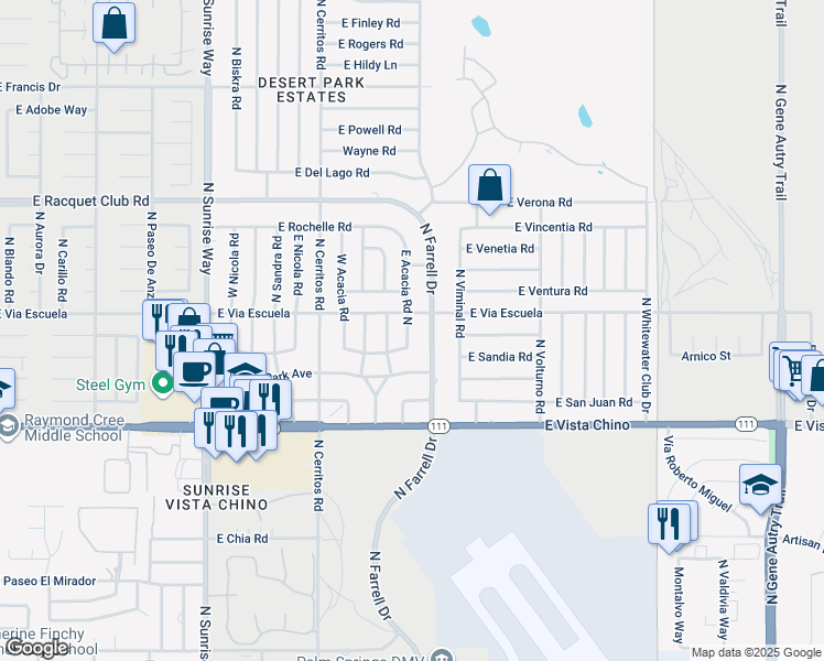map of restaurants, bars, coffee shops, grocery stores, and more near 2030 East Acacia Road North in Palm Springs