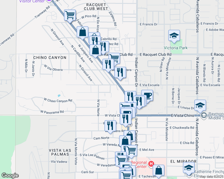 map of restaurants, bars, coffee shops, grocery stores, and more near 2045 Tangerine Court in Palm Springs