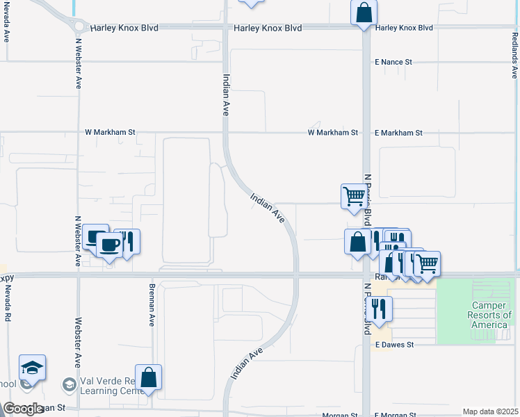 map of restaurants, bars, coffee shops, grocery stores, and more near 4120 Indian Avenue in Perris