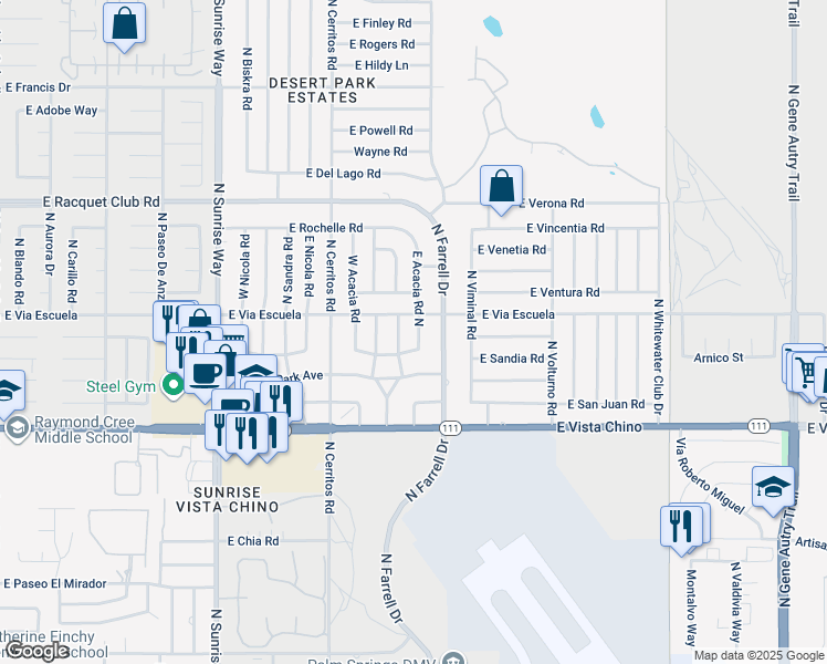 map of restaurants, bars, coffee shops, grocery stores, and more near 2055 Acacia Road East in Palm Springs
