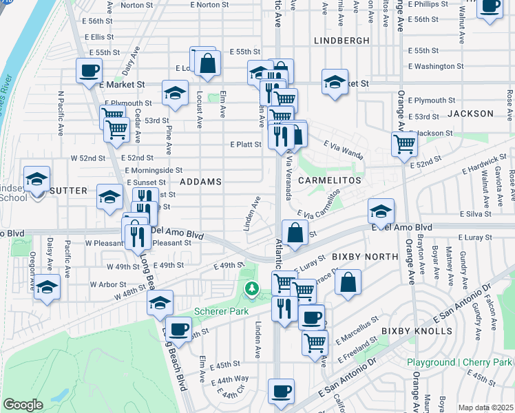map of restaurants, bars, coffee shops, grocery stores, and more near 5044 Linden Avenue in Long Beach