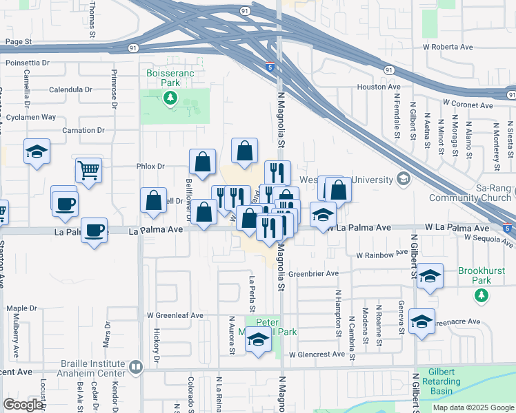 map of restaurants, bars, coffee shops, grocery stores, and more near 2660 West Woodland Drive in Anaheim