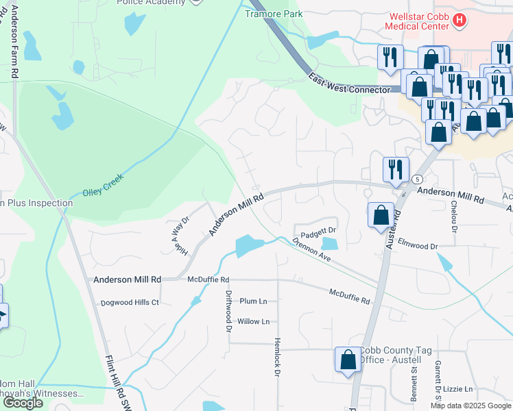 map of restaurants, bars, coffee shops, grocery stores, and more near 2225 Anderson Mill Road in Austell