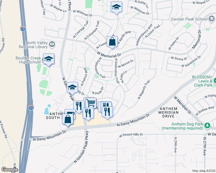 map of restaurants, bars, coffee shops, grocery stores, and more near 39967 North Pride Drive in New River