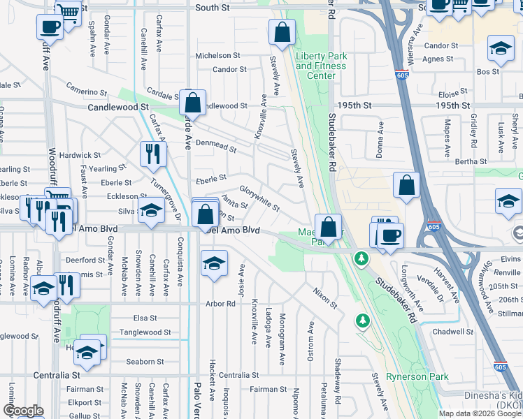 map of restaurants, bars, coffee shops, grocery stores, and more near 4921 Rachel Avenue in Lakewood