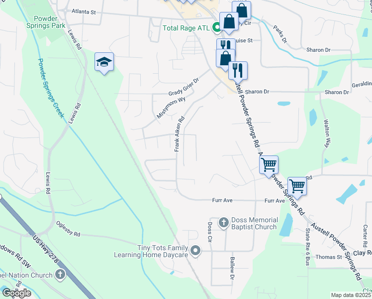 map of restaurants, bars, coffee shops, grocery stores, and more near 4342 Akins Ridge Lane in Powder Springs